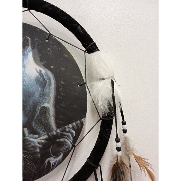 VTG Native American Man W/ Woolf Large Dream Catcher Spiritual Feather Faux Fur - Picture 4 of 8